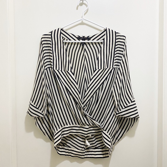 BCBG Maxazria Surplice High Low Origami Surplice Striped Blouse White Black XS - Picture 5 of 10